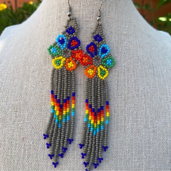 Jewelry - Beautiful long chakira bead flower earrings. Made by artisans in Mexico.